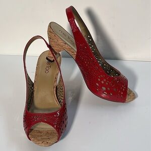 ME TOO NWOT Retro Faux Patent Leather Cork Red Cutout Slingback 2" Heel Sandal 8